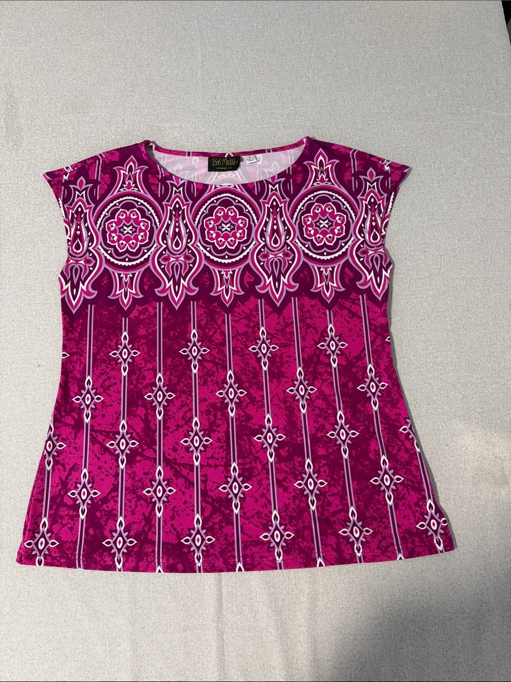 Bob Mackie Boat Neck Cap Sleeve Printed Top SZS - Picture 14 of 14